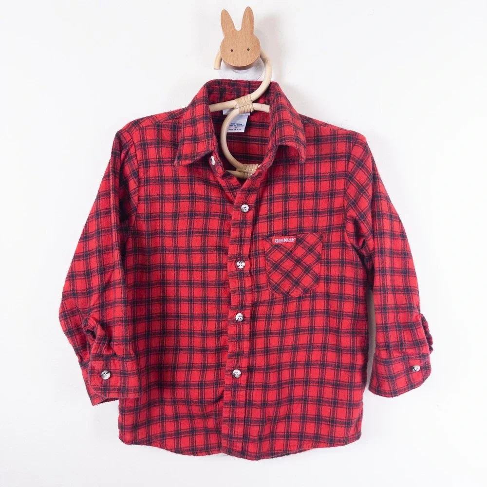 OshKosh B'gosh Flannel Shirt Kids 4 Red Black Plaid Vintage 90s Button Down‎